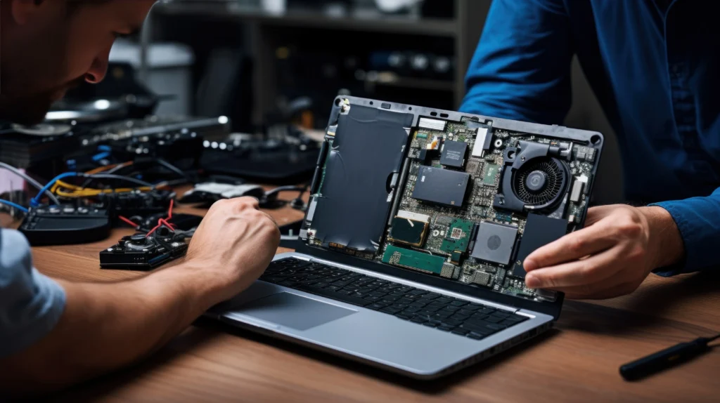 Laptop diagnostics performed by a professional technician checking hardware and software