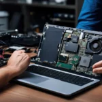 Laptop diagnostics performed by a professional technician checking hardware and software