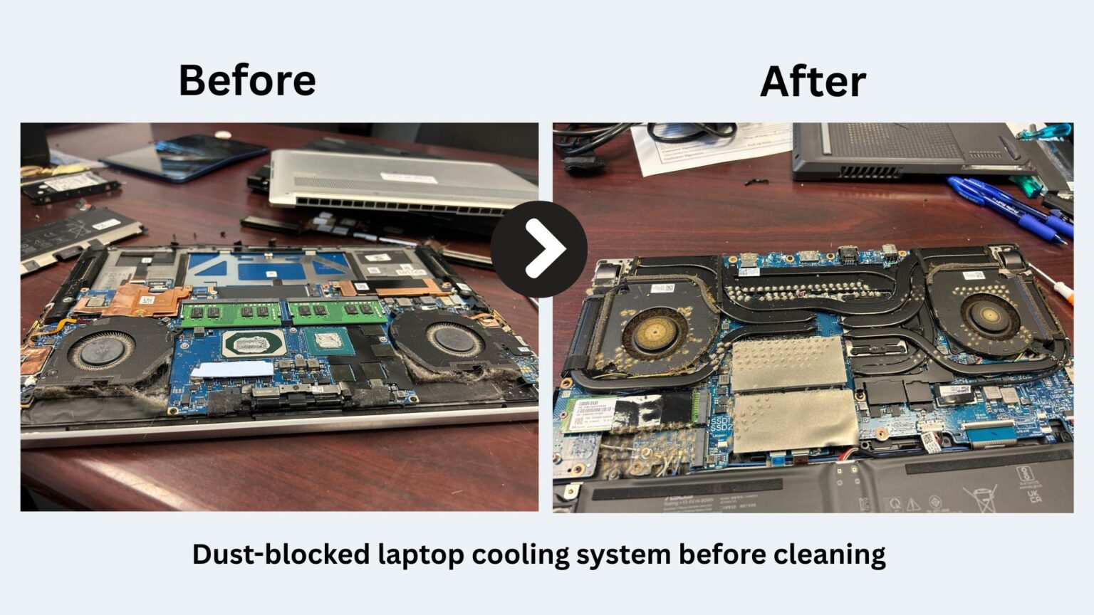 Dust-covered laptop fan inspected during overheating repair